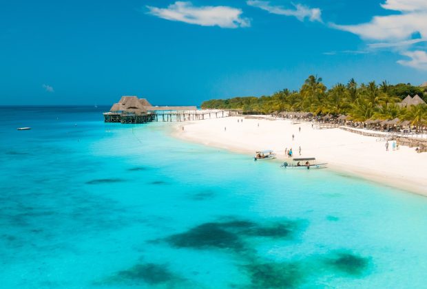 Zanzibar beach with white sand and turquoise Indian Ocean water